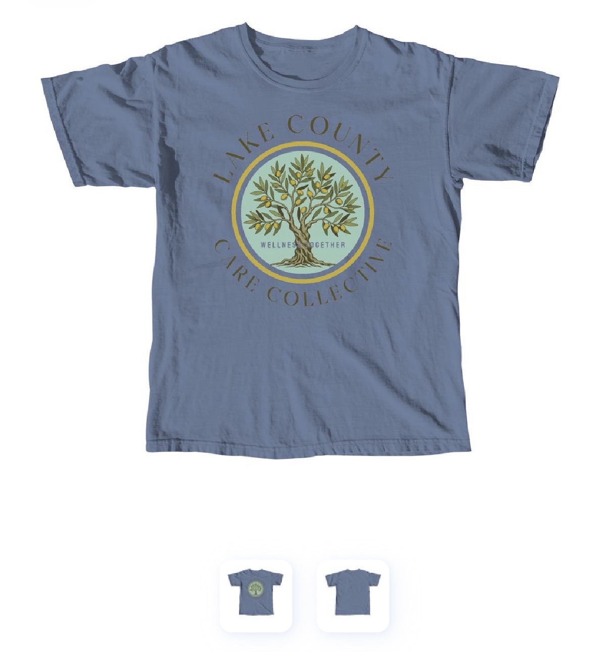 Blue t-shirt with Lake County Care Collective olive tree logo