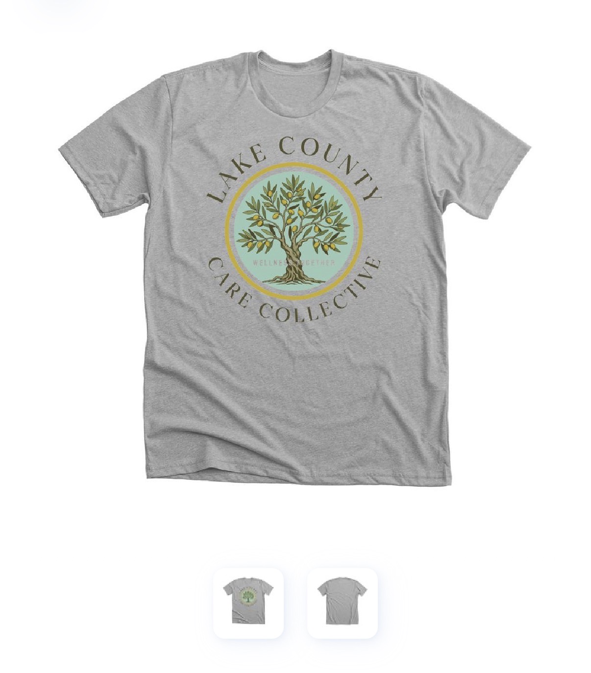 Gray t-shirt with Lake County Care Collective olive tree logo