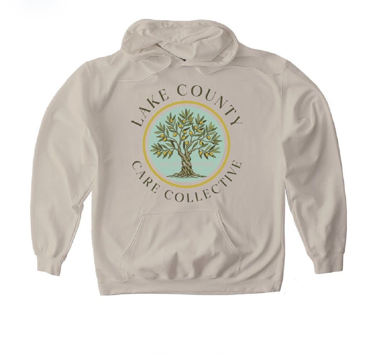 Sand-colored hoodie with Lake County Care Collective olive tree logo